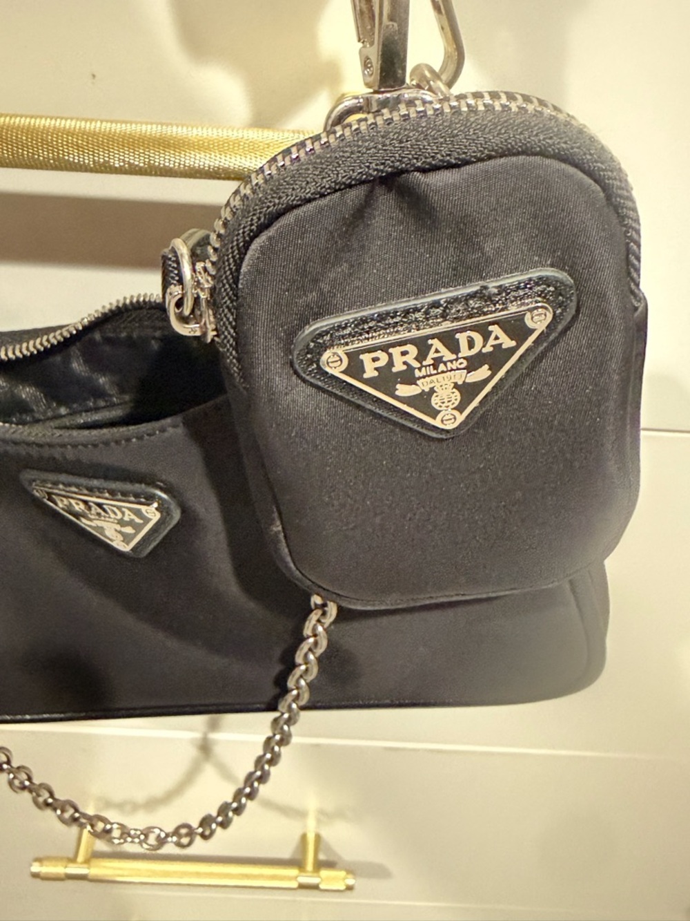 Black Nylon Shoulder Bag with Chain and Mini Pouch - Picture 10 of 10